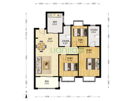 云靖花园 3室1厅2卫 98平方