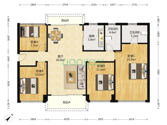 深荟城一期 4室1厅2卫 136平方