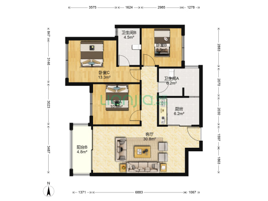 蓝光林肯公园一期悦山苑 3室1厅2卫 101平方