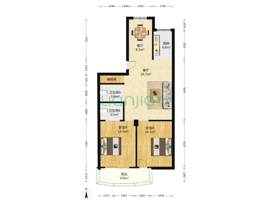 汇龙嘉园 2室2厅2卫 102平方