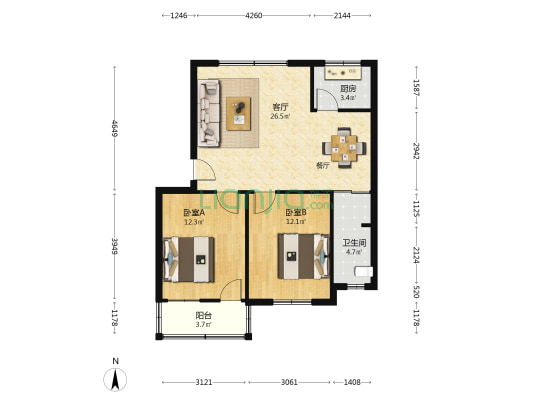 新世纪花园 2室1厅1卫 78平方