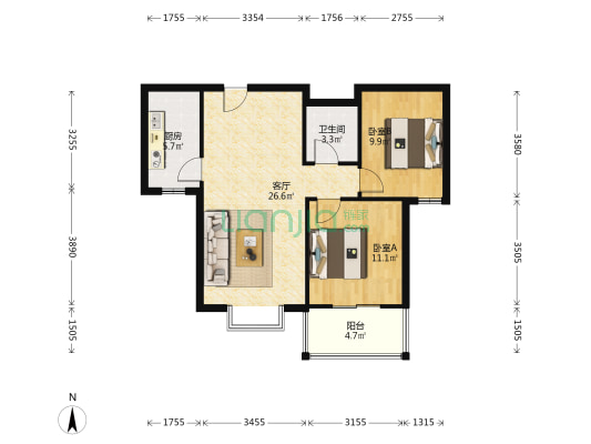 翔天万和城 2室1厅 南-户型图