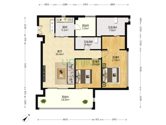 凯德天府 2室1厅2卫 119平方
