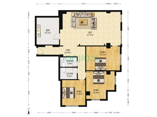 槐花大厦 3室1厅2卫 176平方