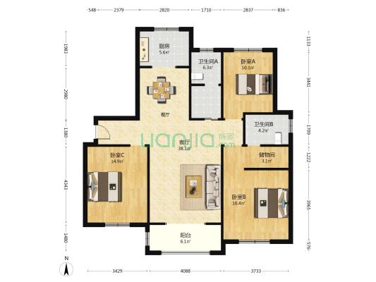 润馨园 3室1厅2卫 136平方