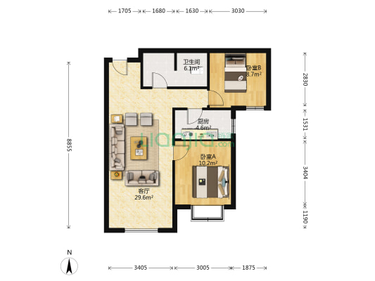 三利中和城二期B区 2室1厅1卫 86平方