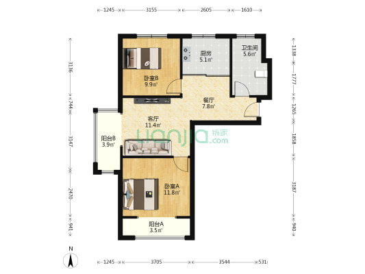 香邑溪谷 2室2厅 南-户型图