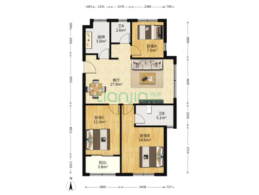 中南世纪城一期 3室1厅2卫 110平方