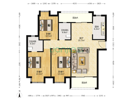 江南安康里 3室1厅2卫 133平方