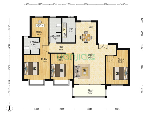 长江华府东区 4室1厅2卫 142平方
