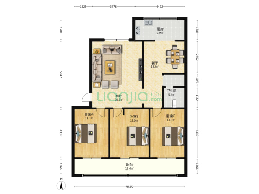 财苑小区 3室2厅1卫 126平方
