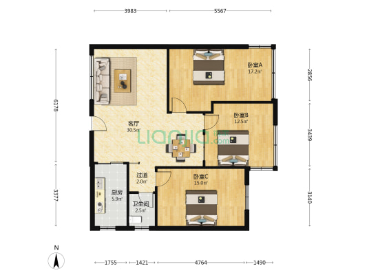 海富大厦 3室1厅1卫 127平方