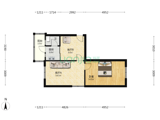爱工南街 1室2厅1卫 53平方