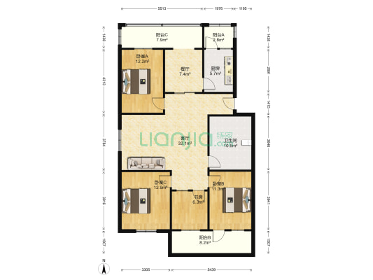 汉街小区 4室2厅1卫 136平方