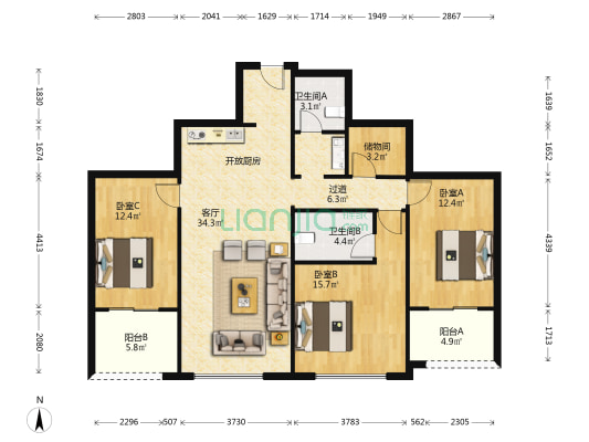 东方雅苑 3室1厅2卫 142平方