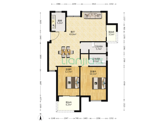杭氧和院 2室1厅2卫 121平方