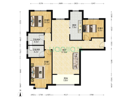 鸿坤理想湾  精装修 三居双卫  满二 无遮挡 诚意出售-户型图