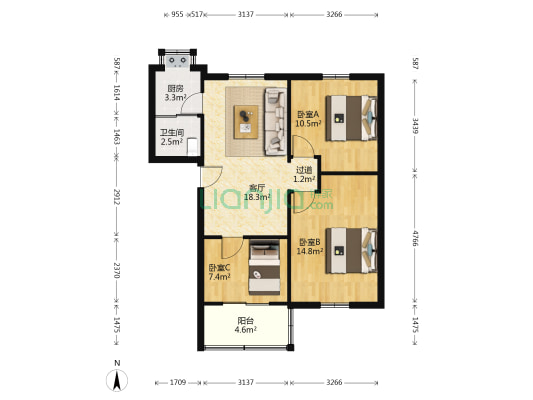 解放中路15号 3室1厅1卫 77平方