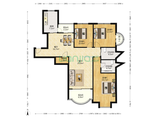 中新公寓 3室2厅2卫 146平方