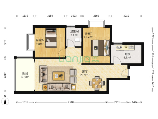 明仁花苑 2室1厅1卫 85平方