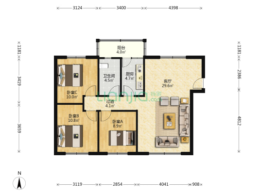 屏都步行街 3室1厅1卫 96平方