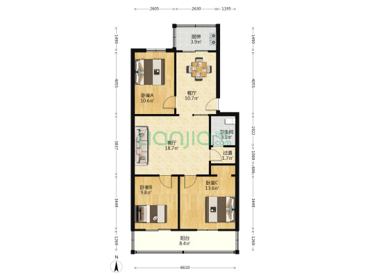 陕西省信息中心北郊住宅楼 3室2厅1卫 97平方
