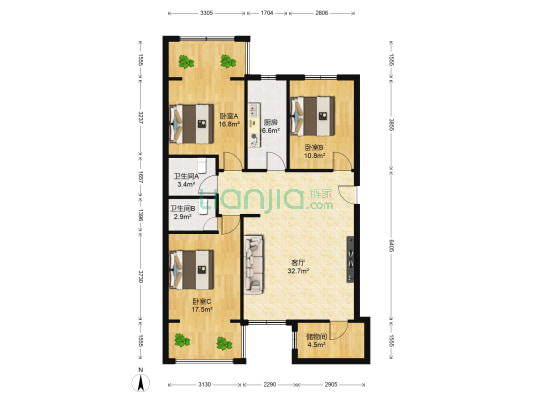 甘肃省膜科院家属楼 3室1厅2卫 129平方