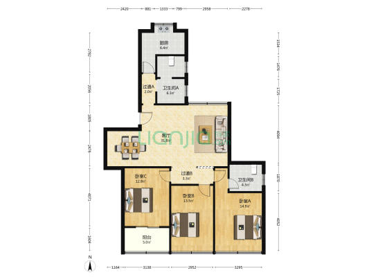 湘博楼 3室1厅2卫 121平方