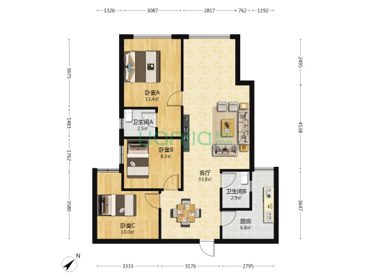 海成天生别院C区 3室1厅2卫 93平方