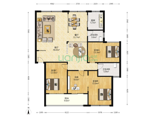 泰格林纸 4室2厅2卫 153平方