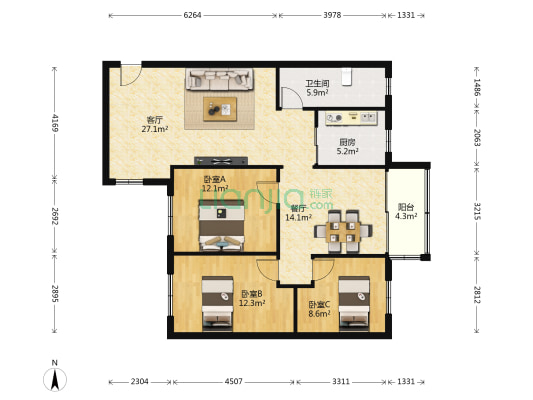 广州体育学院 3室2厅1卫 105平方