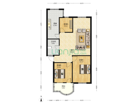 莲花苑 3室1厅1卫 109平方