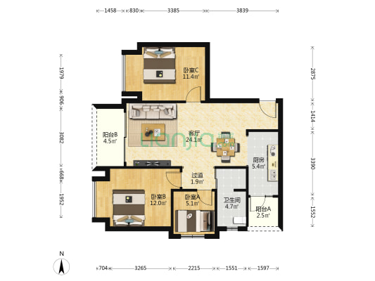 绿地万萃城M3组团 3室1厅1卫 85平方