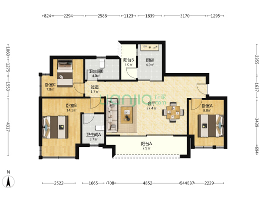 中建星辰 3室1厅2卫 99平方