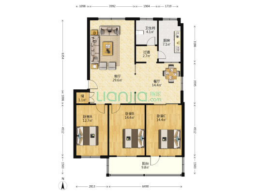 工福苑 3室2厅1卫 128平方