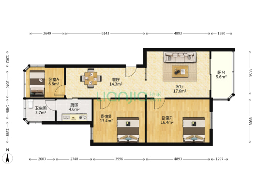 云山花园二期 3室2厅1卫 87平方