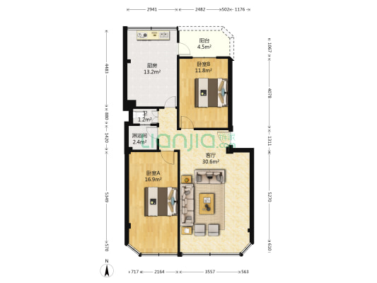 丝绸大街 2室1厅2卫 87平方