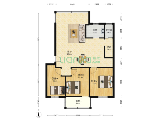 员村西街5号大院 3室1厅1卫 101平方