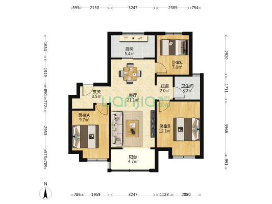 万科北宸之光A1曦园 3室1厅1卫 100平方