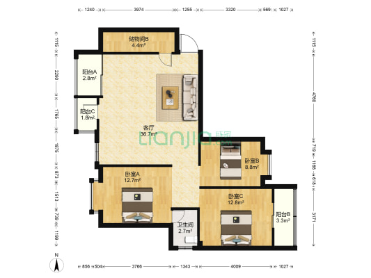 群升国际D区和馨雅景 3室1厅1卫 122平方