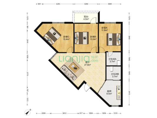罗长新村 3室1厅2卫 106平方