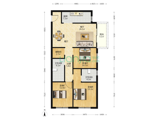融创中原大观二期 3室1厅2卫 128平方