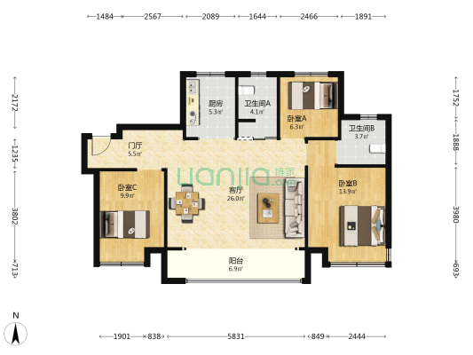 中建蔚蓝之城翠竹园 3室1厅2卫 113平方