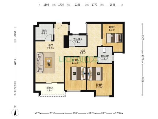 凤雅颂花园 3室1厅2卫 93平方