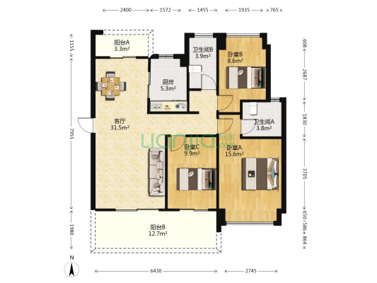 碧桂园华侨湾小区二期 3室1厅2卫 122平方