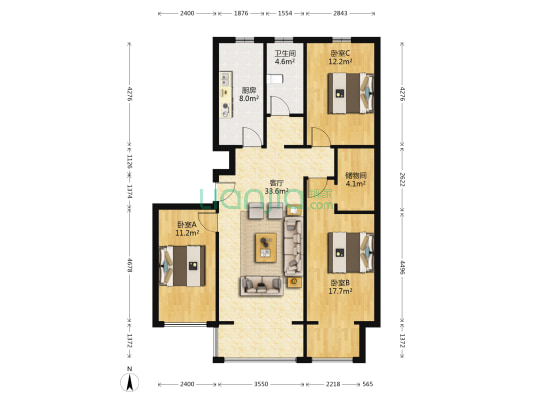 和谐家园 3室1厅1卫 132平方