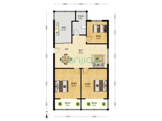 明珠花园 3室1厅1卫 120平方