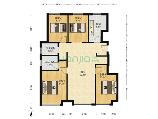 华远海蓝城二期 4室1厅 南 北-户型图