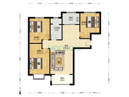 涿州高铁东站华融现代城精装修三居室拎包入住-户型图