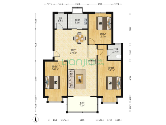 道桥处管理宿舍 3室1厅2卫 125平方